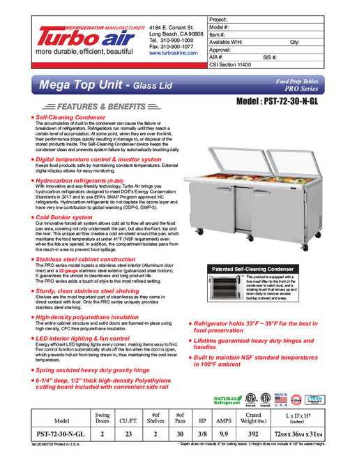 Turbo Air PST-72-30-N-GL 72 5/8" PRO Series Mega Top Sandwich/Salad Prep Table w/ Refrigerated Base - Donut-Equipment.com
