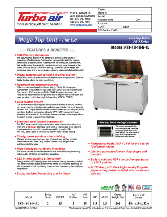 Turbo Air PST-48-18-N-FL 48 1/4" PRO Series Mega Top Sandwich/Salad Prep Table w/ Refrigerated Base - Donut-Equipment.com
