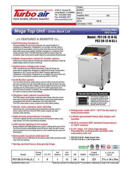 Turbo Air PST-28-12-N-SL 27 1/2" PRO Series Mega Top Sandwich/Salad Prep Table w/ Refrigerated Base - Donut-Equipment.com
