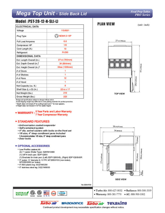 Turbo Air PST-28-12-N-SL 27 1/2" PRO Series Mega Top Sandwich/Salad Prep Table w/ Refrigerated Base - Donut-Equipment.com