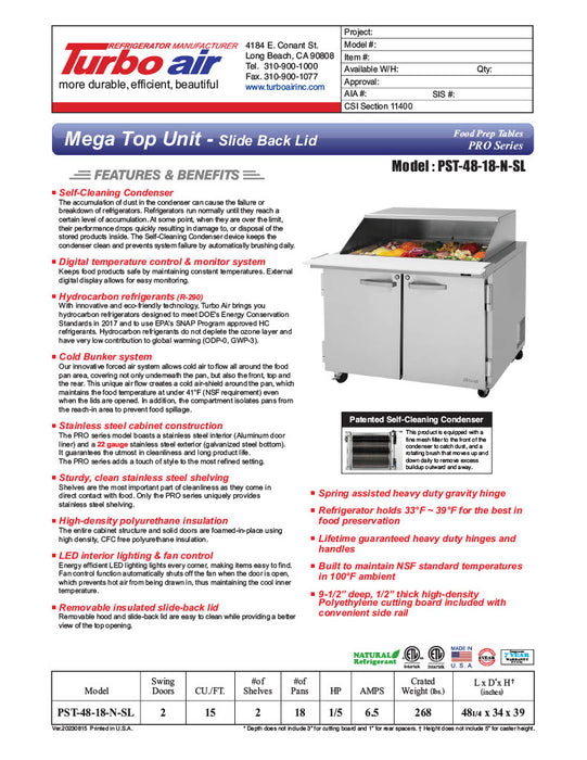 Turbo Air PST-48-18-N-SL 48 1/4" PRO Series Mega Top Sandwich/Salad Prep Table w/ Refrigerated Base - Donut-Equipment.com