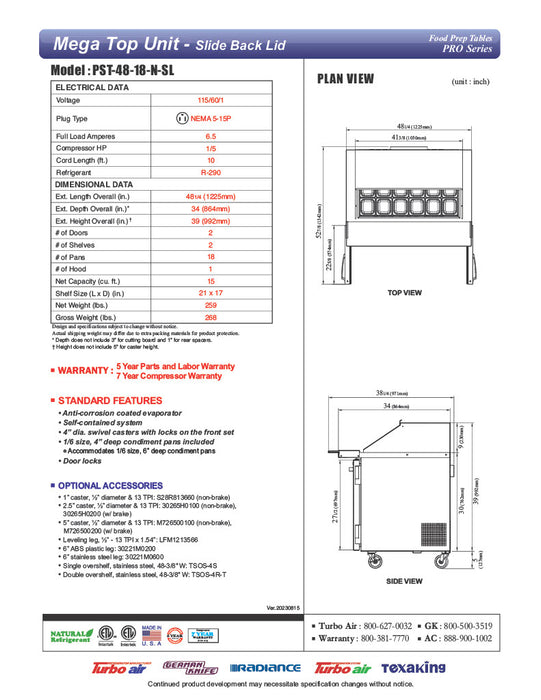 Turbo Air PST-48-18-N-SL 48 1/4" PRO Series Mega Top Sandwich/Salad Prep Table w/ Refrigerated Base - Donut-Equipment.com