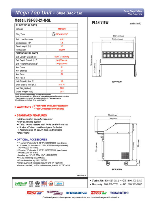 Turbo Air PST-60-24-N-SL 60 1/4" PRO Series Mega Top Sandwich/Salad Prep Table w/ Refrigerated Base - Donut-Equipment.com