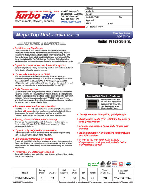Turbo Air PST-72-30-N-SL 72 5/8" PRO Series Mega Top Sandwich/Salad Prep Table w/ Refrigerated Base - Donut-Equipment.com