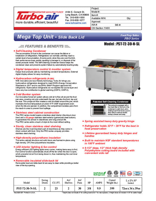 Turbo Air PST-72-30-N-SL 72 5/8" PRO Series Mega Top Sandwich/Salad Prep Table w/ Refrigerated Base - Donut-Equipment.com