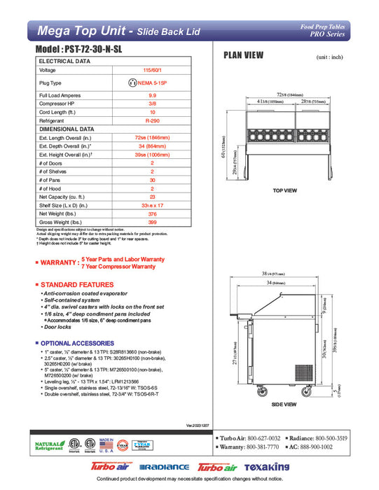 Turbo Air PST-72-30-N-SL 72 5/8" PRO Series Mega Top Sandwich/Salad Prep Table w/ Refrigerated Base - Donut-Equipment.com