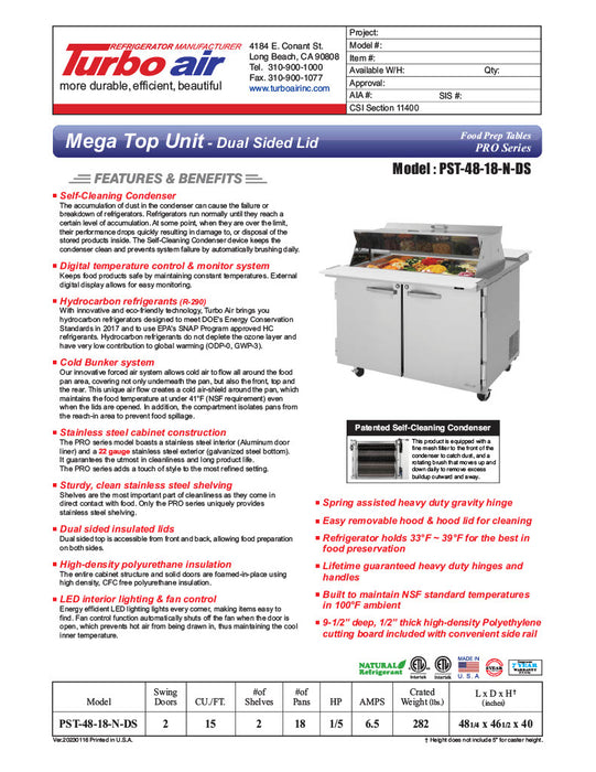 Turbo Air PST-48-18-N-DS 48 1/4" PRO Series Mega Top Dual Sided Sandwich/Salad Prep Table w/ Refrigerated Base - Donut-Equipment.com