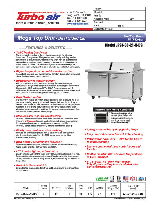 Turbo Air PST-60-24-N-DS 60 1/4" PRO Series Mega Top Dual Sided Sandwich/Salad Prep Table w/ Refrigerated Base - Donut-Equipment.com