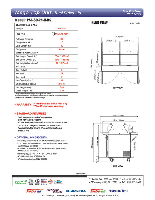 Turbo Air PST-60-24-N-DS 60 1/4" PRO Series Mega Top Dual Sided Sandwich/Salad Prep Table w/ Refrigerated Base - Donut-Equipment.com