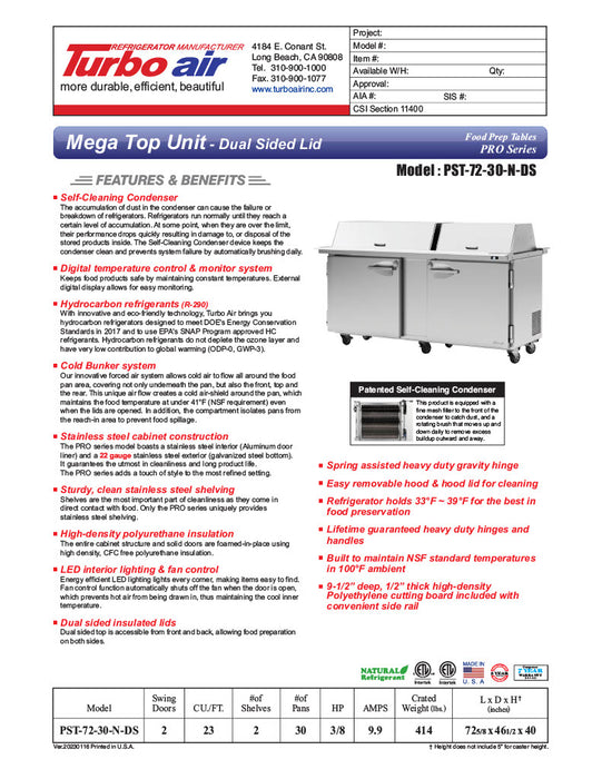 Turbo Air PST-72-30-N-DS 72 5/8" PRO Series Mega Top Dual Sided Sandwich/Salad Prep Table w/ Refrigerated Base - Donut-Equipment.com