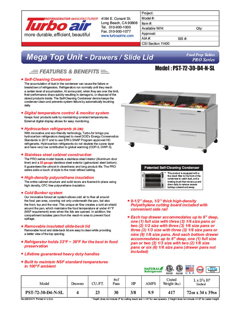 Turbo Air PST-72-30-D4-N-SL PRO Series Sandwich/Salad Prep Table w/ Refrigerated Base - Donut-Equipment.com
