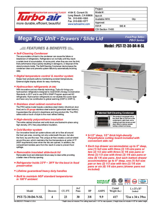 Turbo Air PST-72-30-D4-N-SL PRO Series Sandwich/Salad Prep Table w/ Refrigerated Base - Donut-Equipment.com