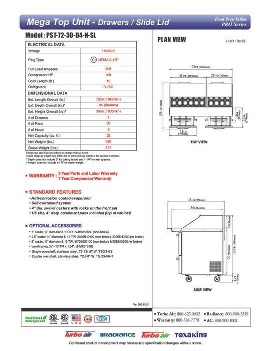 Turbo Air PST-72-30-D4-N-SL PRO Series Sandwich/Salad Prep Table w/ Refrigerated Base - Donut-Equipment.com