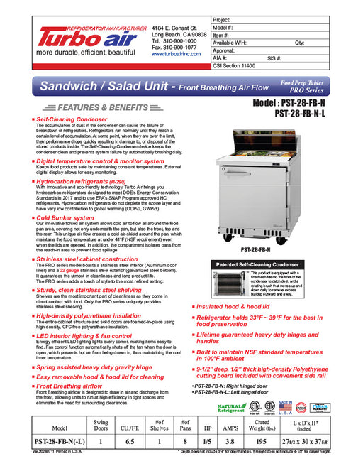 Turbo Air PST-28-FB-N 27 1/2" PRO Series Sandwich/Salad Prep Table w/ Refrigerated Base - Donut-Equipment.com
