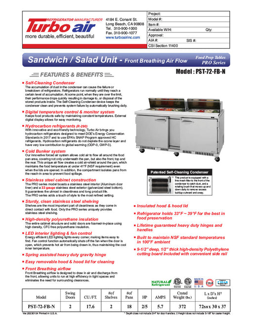 Turbo Air PST-72-FB-N 72 5/8" PRO Series Sandwich/Salad Prep Table w/ Refrigerated Base - Donut-Equipment.com