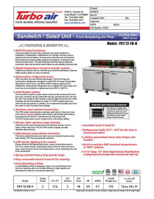 Turbo Air PST-72-FB-N 72 5/8" PRO Series Sandwich/Salad Prep Table w/ Refrigerated Base - Donut-Equipment.com