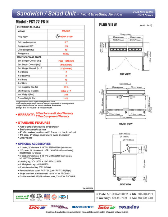 Turbo Air PST-72-FB-N 72 5/8" PRO Series Sandwich/Salad Prep Table w/ Refrigerated Base - Donut-Equipment.com