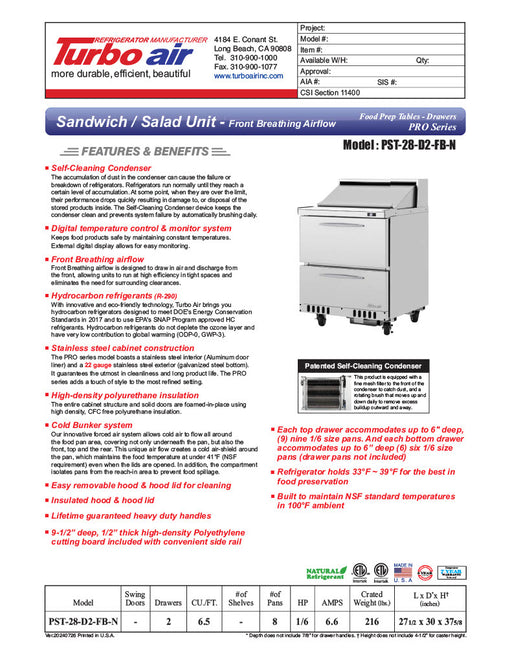 Turbo Air PST-28-D2-FB-N 27 1/2" PRO Series Sandwich/Salad Prep Table w/ Refrigerated Base - Donut-Equipment.com