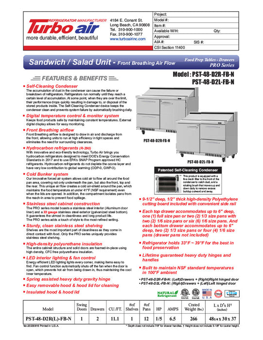 Turbo Air PST-48-D2R(L)-FB-N 27 1/2" PRO Series Sandwich/Salad Prep Table w/ Refrigerated Base - Donut-Equipment.com