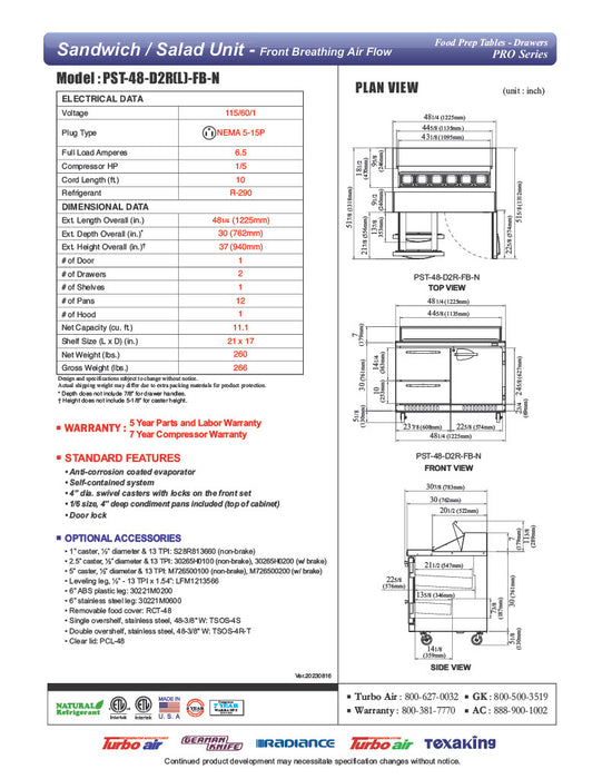 Turbo Air PST-48-D2R(L)-FB-N 27 1/2" PRO Series Sandwich/Salad Prep Table w/ Refrigerated Base - Donut-Equipment.com