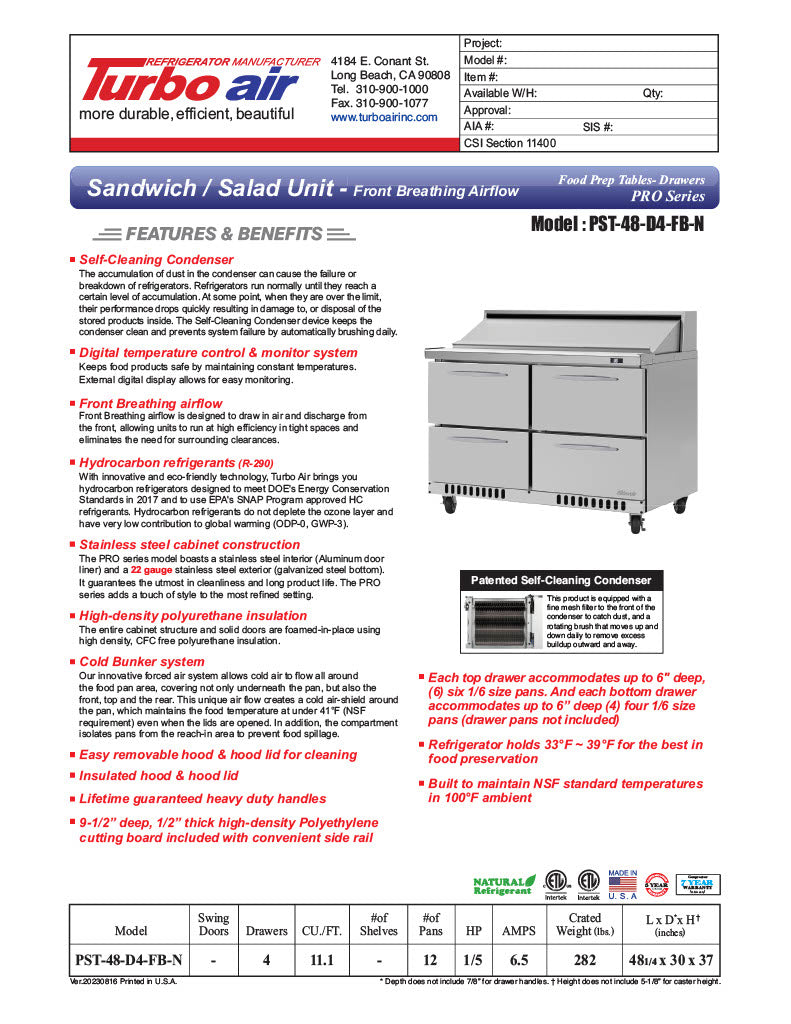 Turbo Air PST-48-D4-FB-N 48 1/4" PRO Series Sandwich/Salad Prep Table w/ Refrigerated Base - Donut-Equipment.com