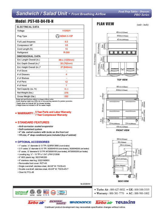 Turbo Air PST-48-D4-FB-N 48 1/4" PRO Series Sandwich/Salad Prep Table w/ Refrigerated Base - Donut-Equipment.com