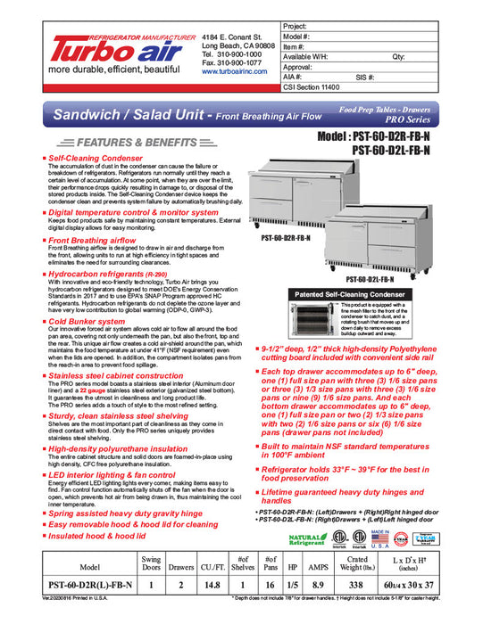 Turbo Air PST-60-D2R(L)-FB-N" PRO Series Sandwich/Salad Prep Table w/ Refrigerated Base - Donut-Equipment.com
