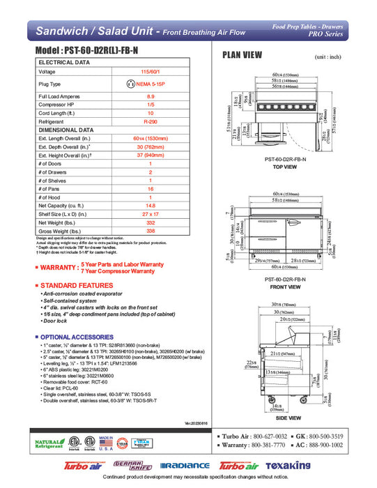 Turbo Air PST-60-D2R(L)-FB-N" PRO Series Sandwich/Salad Prep Table w/ Refrigerated Base - Donut-Equipment.com