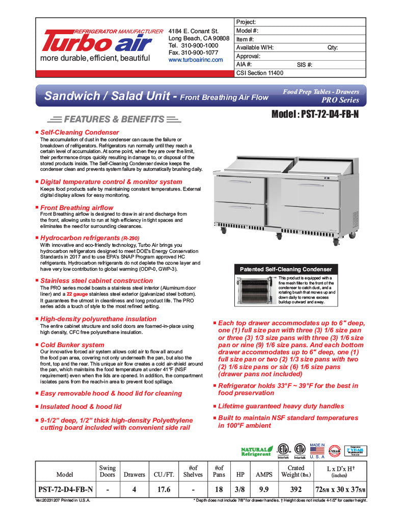 Turbo Air PST-72-D4-FB-N 72 5/8" PRO Series Mega Top Sandwich/Salad Prep Table w/ Refrigerated Base - Donut-Equipment.com