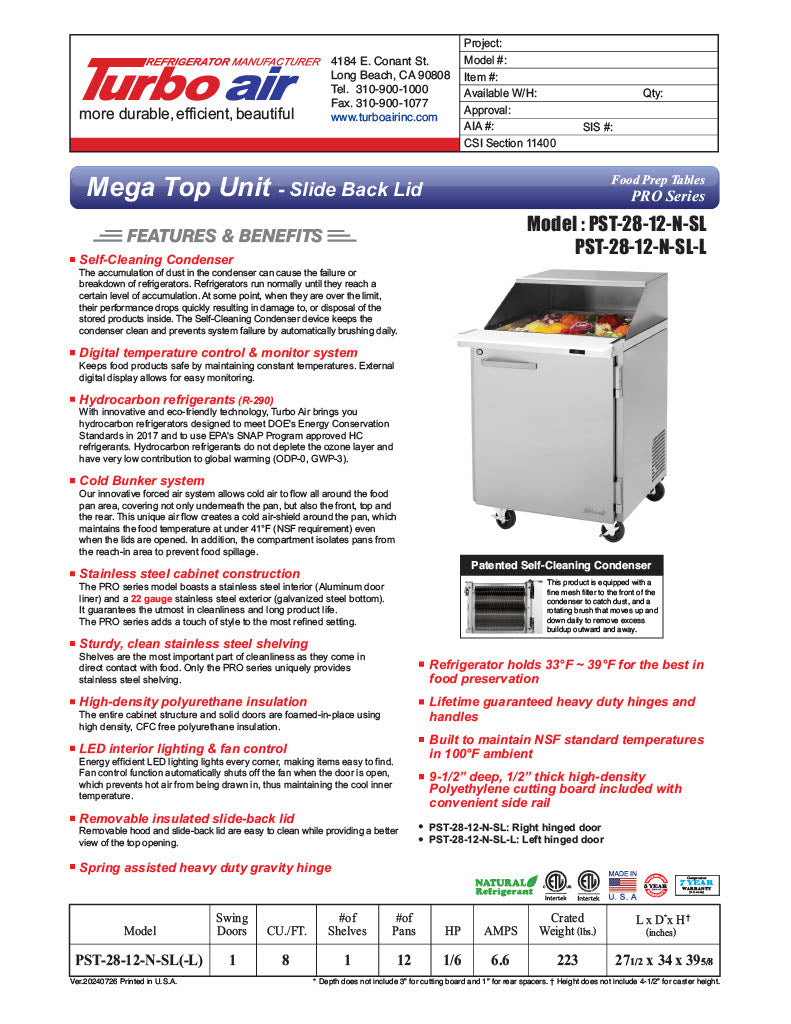 Turbo Air PST-28-12-FB-N(-L) " PRO Series Mega Top Sandwich/Salad Prep Table w/ Refrigerated Base - Donut-Equipment.com