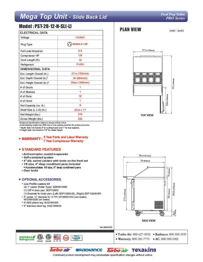 Turbo Air PST-28-12-FB-N(-L) " PRO Series Mega Top Sandwich/Salad Prep Table w/ Refrigerated Base - Donut-Equipment.com
