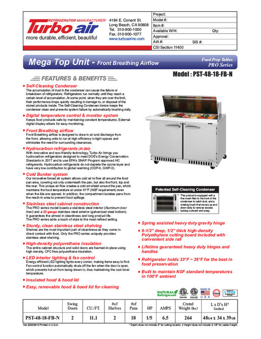Turbo Air PST-48-18-FB-N 48 1/4" PRO Series Mega Top Sandwich/Salad Prep Table w/ Refrigerated Base - Donut-Equipment.com