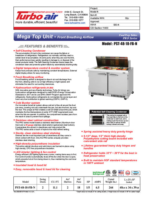 Turbo Air PST-48-18-FB-N 48 1/4" PRO Series Mega Top Sandwich/Salad Prep Table w/ Refrigerated Base - Donut-Equipment.com