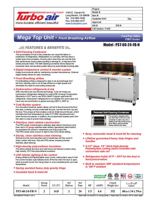 Turbo Air PST-60-24-FB-N 60 1/4" PRO Series Mega Top Sandwich/Salad Prep Table w/ Refrigerated Base - Donut-Equipment.com