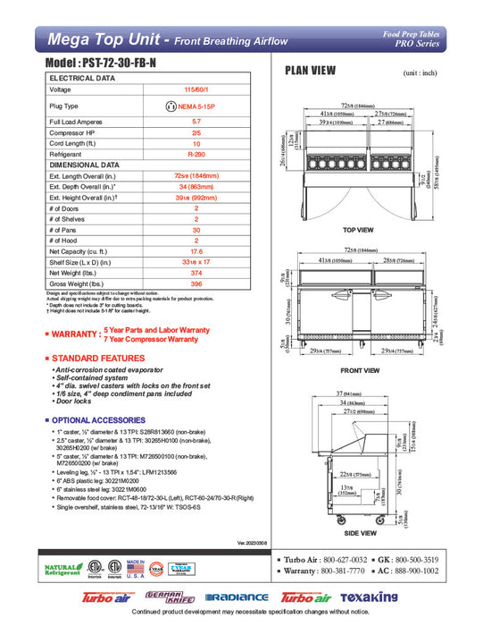Turbo Air PST-72-30-FB-N 72 5/8" PRO Series Mega Top Sandwich/Salad Prep Table w/ Refrigerated Base - Donut-Equipment.com