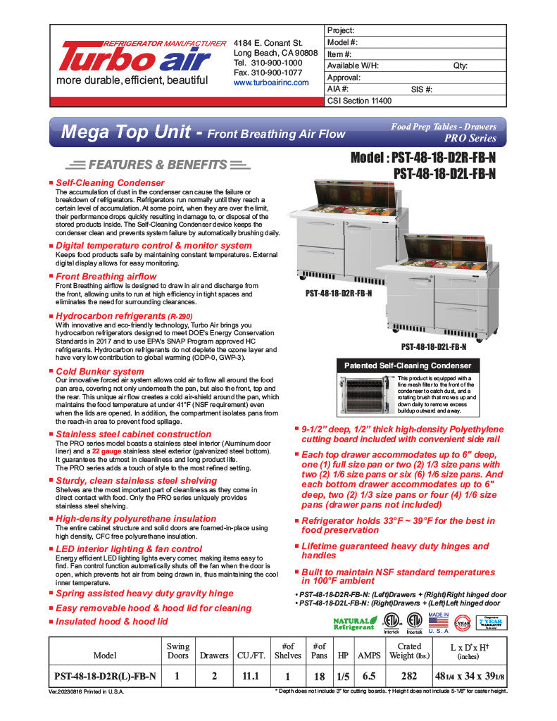 Turbo Air PST-48-18-D2R(L)-FB-N PRO Series Sandwich/Salad Prep Table w/ Refrigerated Base - Donut-Equipment.com