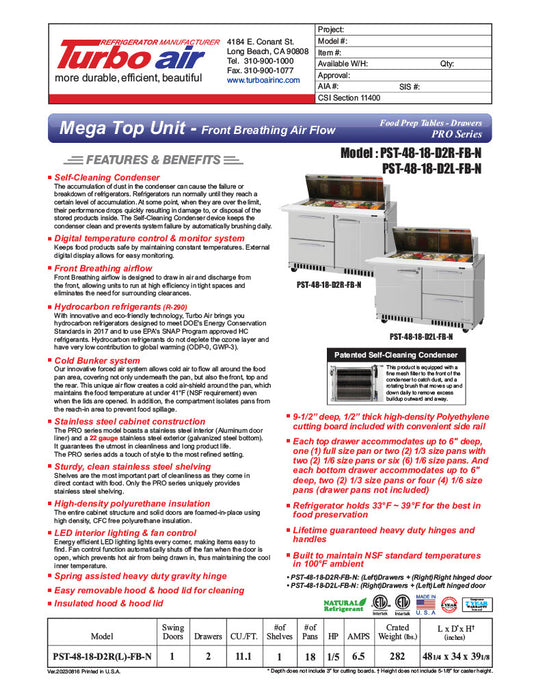 Turbo Air PST-48-18-D2R(L)-FB-N PRO Series Sandwich/Salad Prep Table w/ Refrigerated Base - Donut-Equipment.com