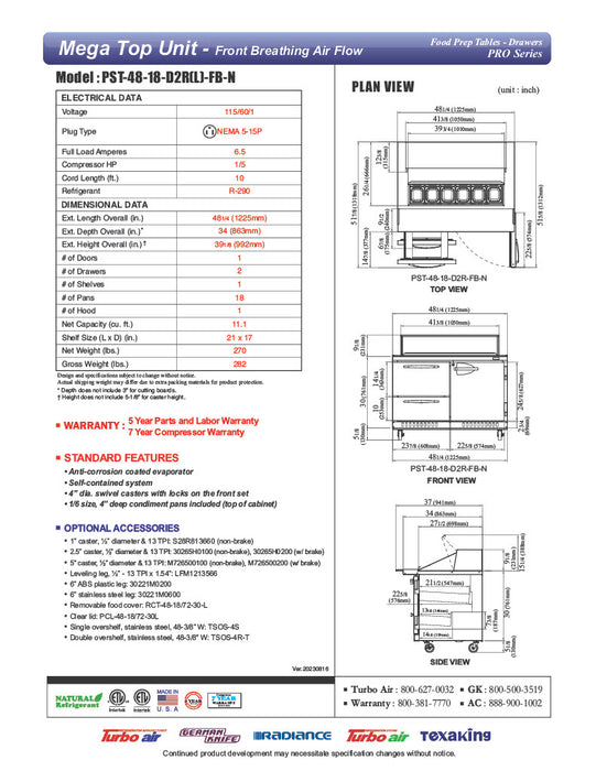 Turbo Air PST-48-18-D2R(L)-FB-N PRO Series Sandwich/Salad Prep Table w/ Refrigerated Base - Donut-Equipment.com