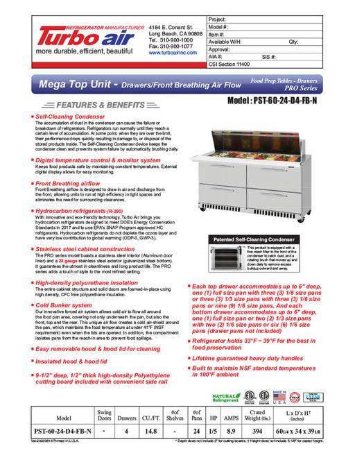 Turbo Air PST-60-24-D4-FB-N PRO Series Mega Top Sandwich/Salad Prep Table Front Breathing Airflow - Donut-Equipment.com