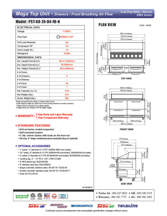 Turbo Air PST-60-24-D4-FB-N PRO Series Mega Top Sandwich/Salad Prep Table Front Breathing Airflow - Donut-Equipment.com