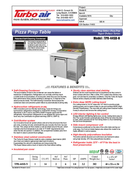 Turbo Air TPR-44SD-N 44" Super Deluxe Refrigerated Pizza Prep Table - Donut-Equipment.com