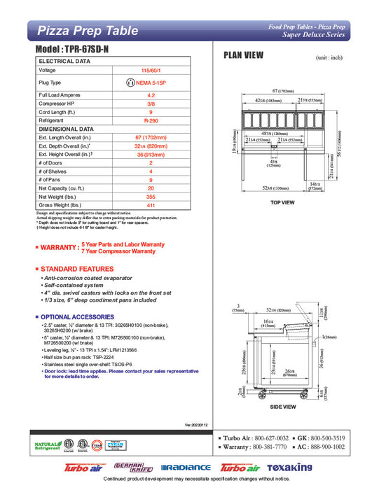Turbo Air TPR-67SD-N 67" Super Deluxe Refrigerated Pizza Prep Table - Donut-Equipment.com