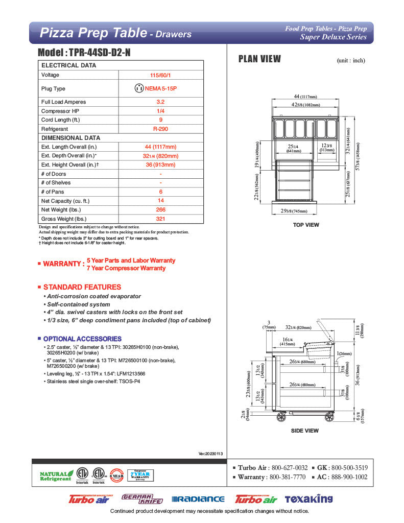 Turbo Air TPR-44SD-D2-N 44" 2 Drawer Pizza Prep Table - Donut-Equipment.com