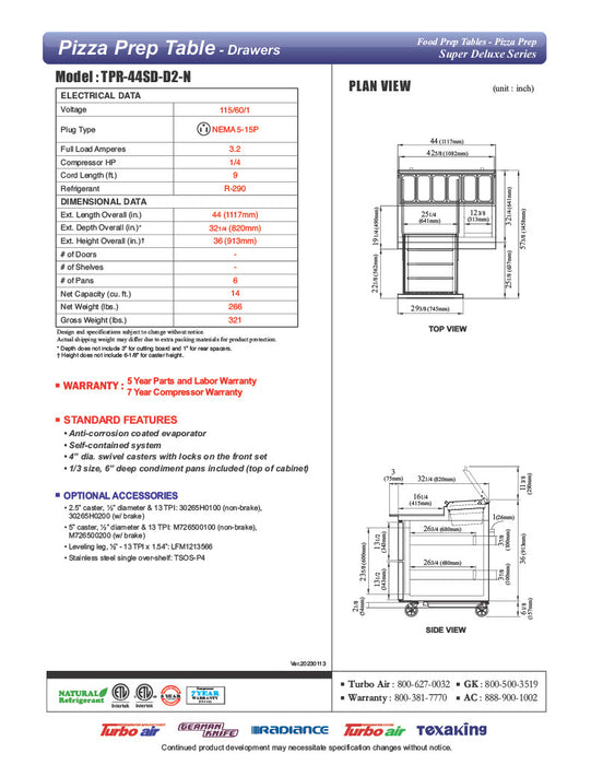 Turbo Air TPR-44SD-D2-N 44" 2 Drawer Pizza Prep Table - Donut-Equipment.com