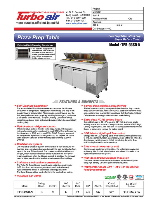 Turbo Air TPR-93SD-N 93" Super Deluxe Refrigerated Pizza Prep Table - Donut-Equipment.com