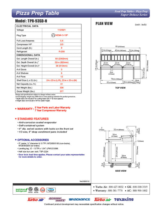 Turbo Air TPR-93SD-N 93" Super Deluxe Refrigerated Pizza Prep Table - Donut-Equipment.com