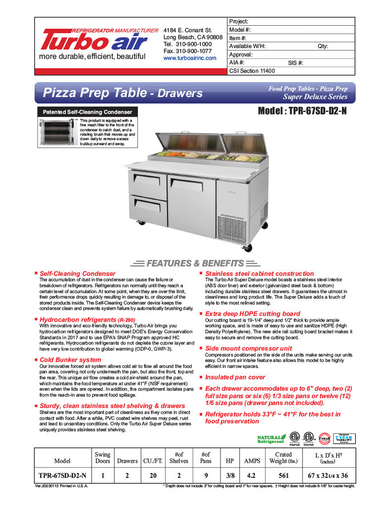 Turbo Air TPR-67SD-D2-N 67" Pizza Prep Table with 1 Door and 2 Drawers - Donut-Equipment.com