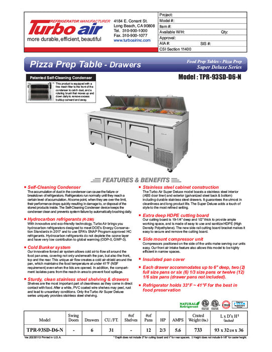 Turbo Air TPR-93SD-D6-N 93" 6 Drawer Pizza Prep Table - Donut-Equipment.com