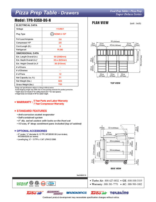Turbo Air TPR-93SD-D6-N 93" 6 Drawer Pizza Prep Table - Donut-Equipment.com
