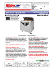 Turbo Air TST-36SD-N6 36" Super Deluxe Sandwich/Salad Prep Table w/ Refrigerated Base - Donut-Equipment.com